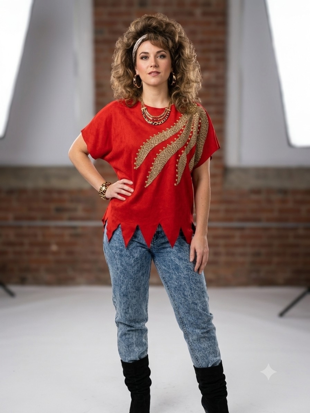 Vintage 80s Red Suede Leather Jagged Hem Top with Studs and Animal Print Size M